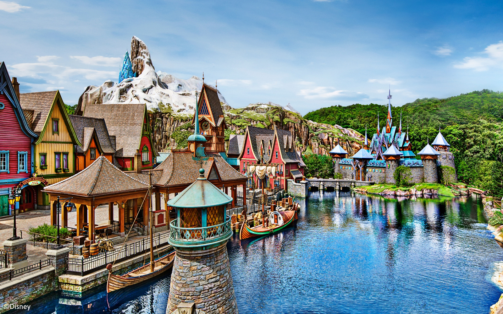 Frozen Ever After village and castle scene at Disneyland Hong Kong.