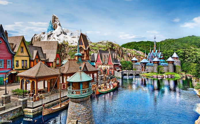 Frozen Ever After village and castle scene at Disneyland Hong Kong.
