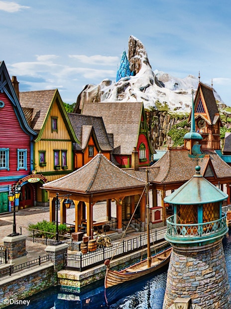 Frozen Ever After village and castle scene at Disneyland Hong Kong.