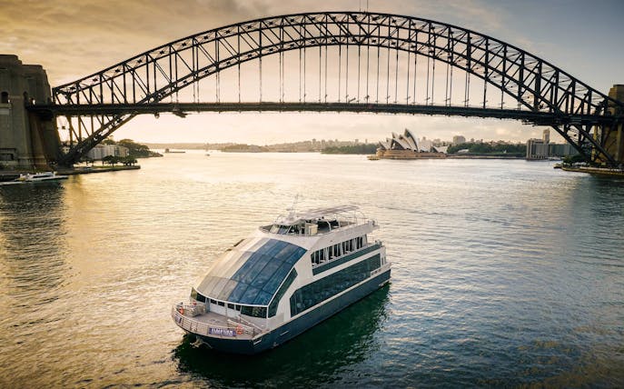 Cruise ship on Sydney Harbour with views of the Harbour Bridge and Opera House.