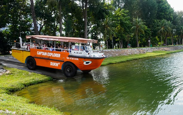Amphibious vehicle entering water on FunVee Land and Sea Experience tour.