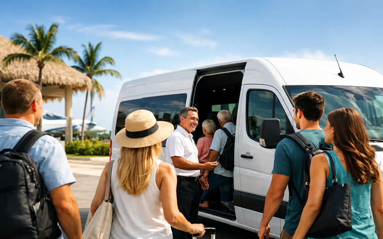 Travelers boarding a private transfer van from Luxor to El Quseir with travel permits.