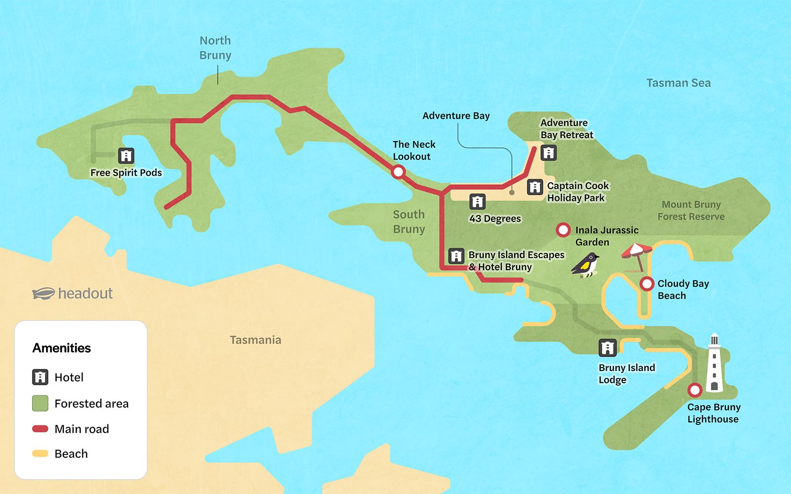 Bruny Island accommodations with scenic coastal view and lush greenery.