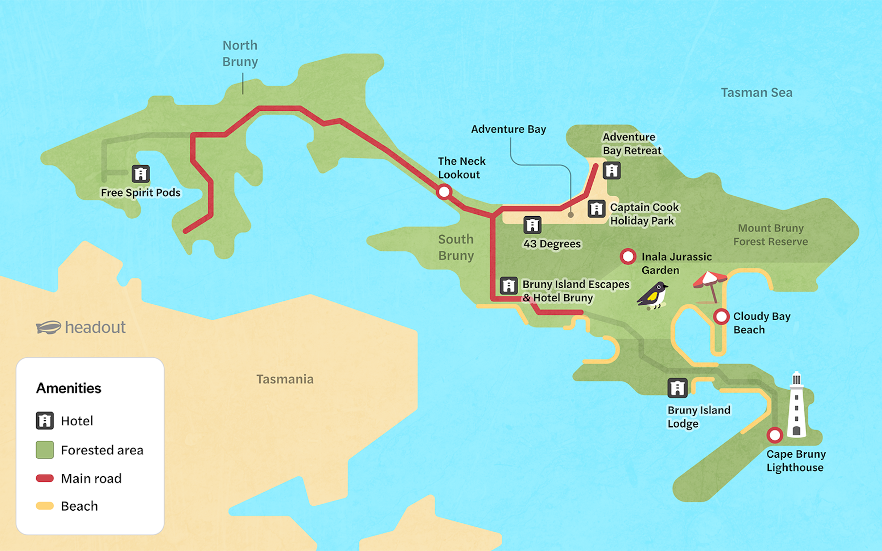 Bruny Island accommodations with scenic coastal view and lush greenery.