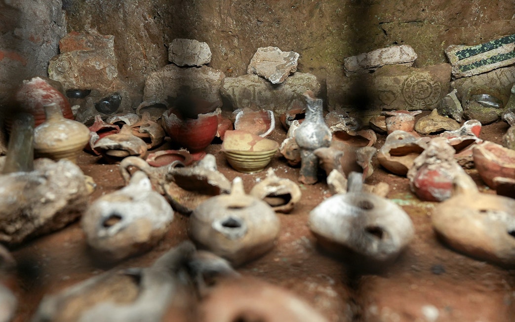 Ancient pottery and artifacts in the Capuchin Crypt, Rome.