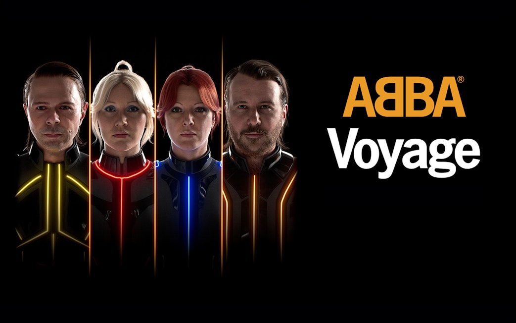 ABBA Voyage promotional image with digital avatars, London.