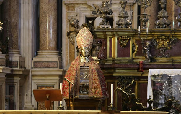 Bust of San Gennaro in ornate attire at the Royal Chapel of the Treasure of San Gennaro, Naples.