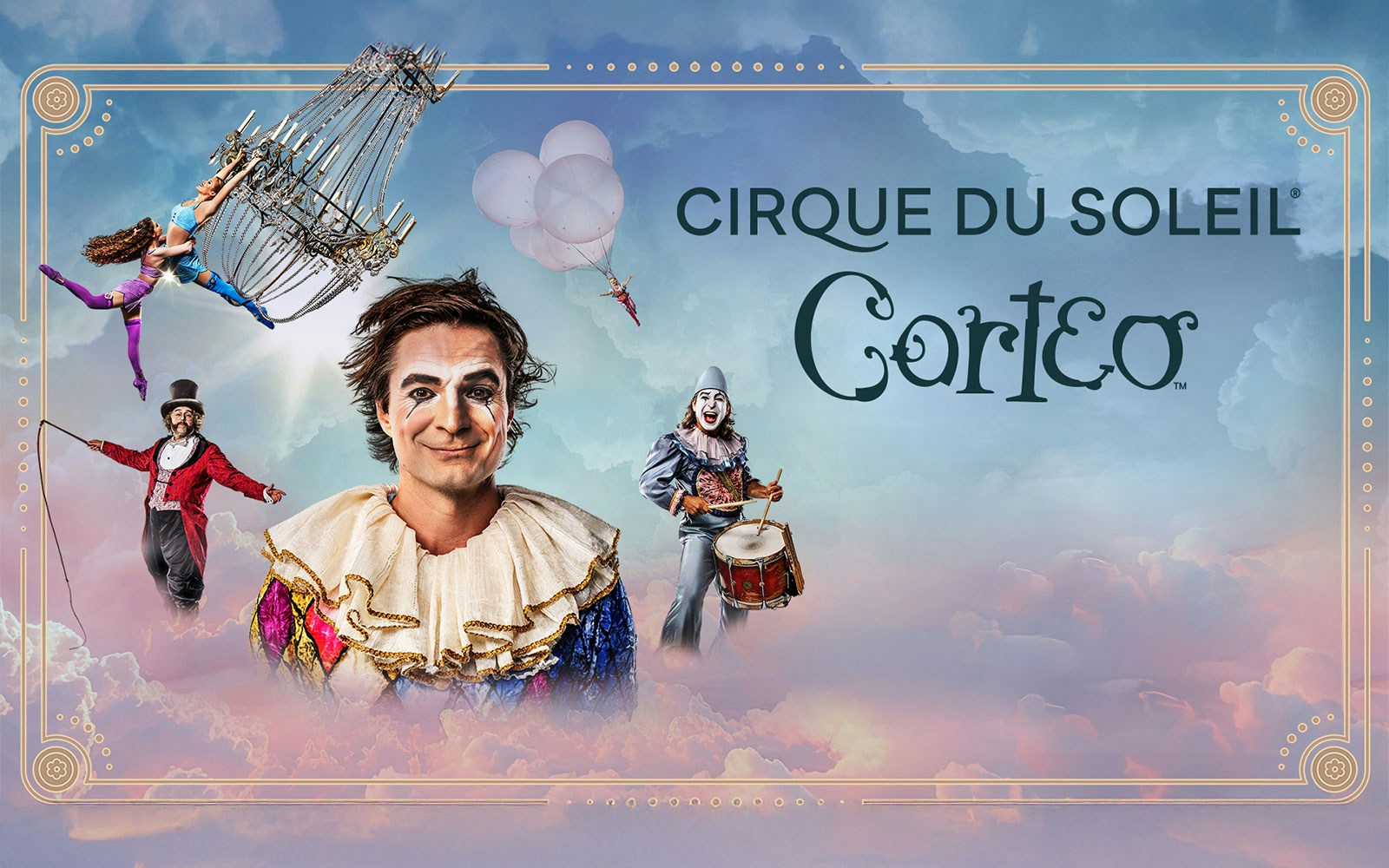 Performers in colorful costumes from Cirque du Soleil: Corteo with a chandelier and drum.