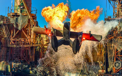 Plane stunt with explosion at Universal Studios Hollywood show.