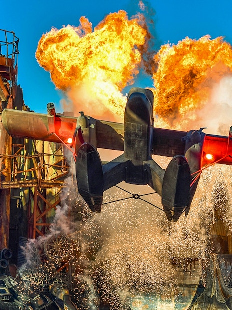 Plane stunt with explosion at Universal Studios Hollywood show.