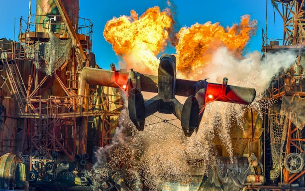 Plane stunt with explosion at Universal Studios Hollywood show.