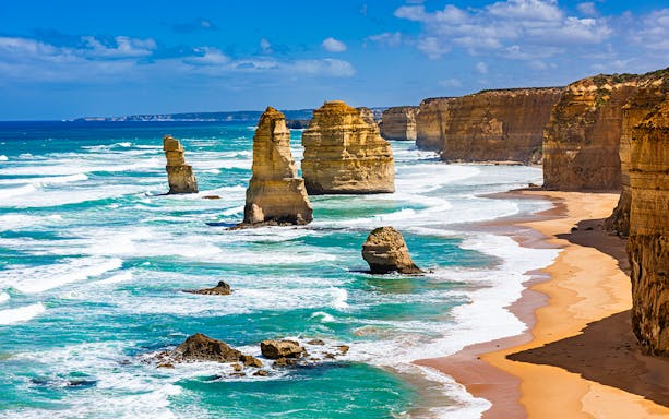 12 Apostles rock formations along the Great Ocean Road coastline, Australia.