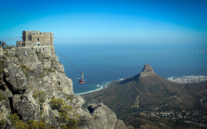 Cable car station atop Table Mountain with view of Lion's Head, Cape Town, South Africa.