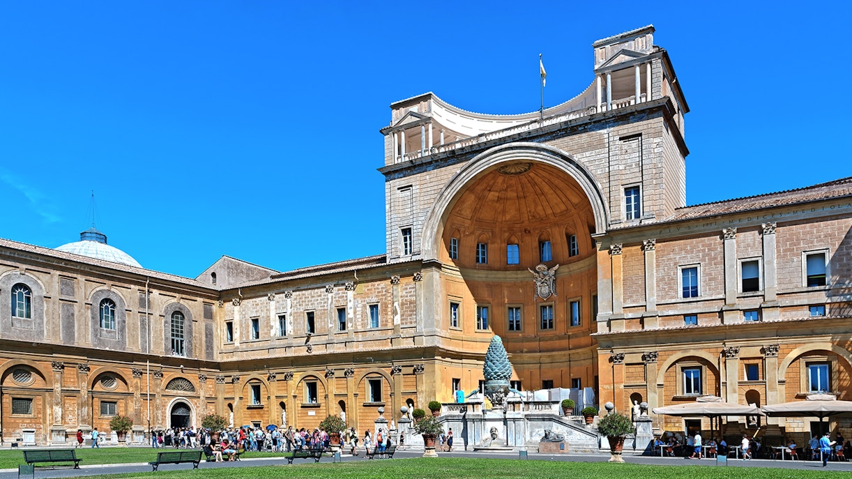 Belvedere Courtyard in Vatican City with tourists and architectural details.