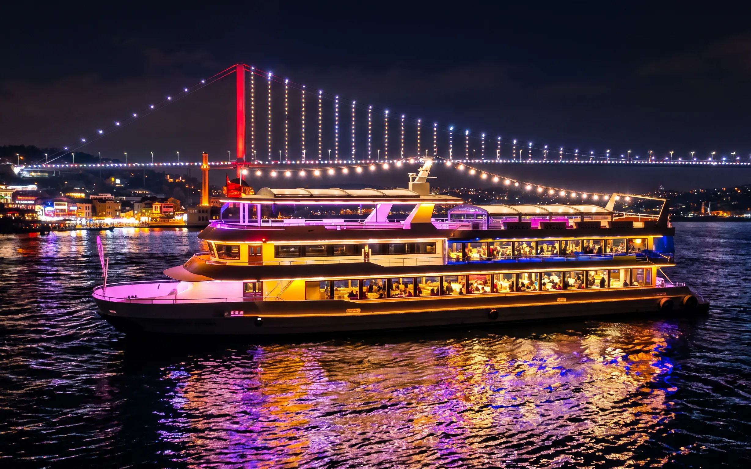 Bosphorus dinner cruise ship illuminated at night with Istanbul bridge in the background.