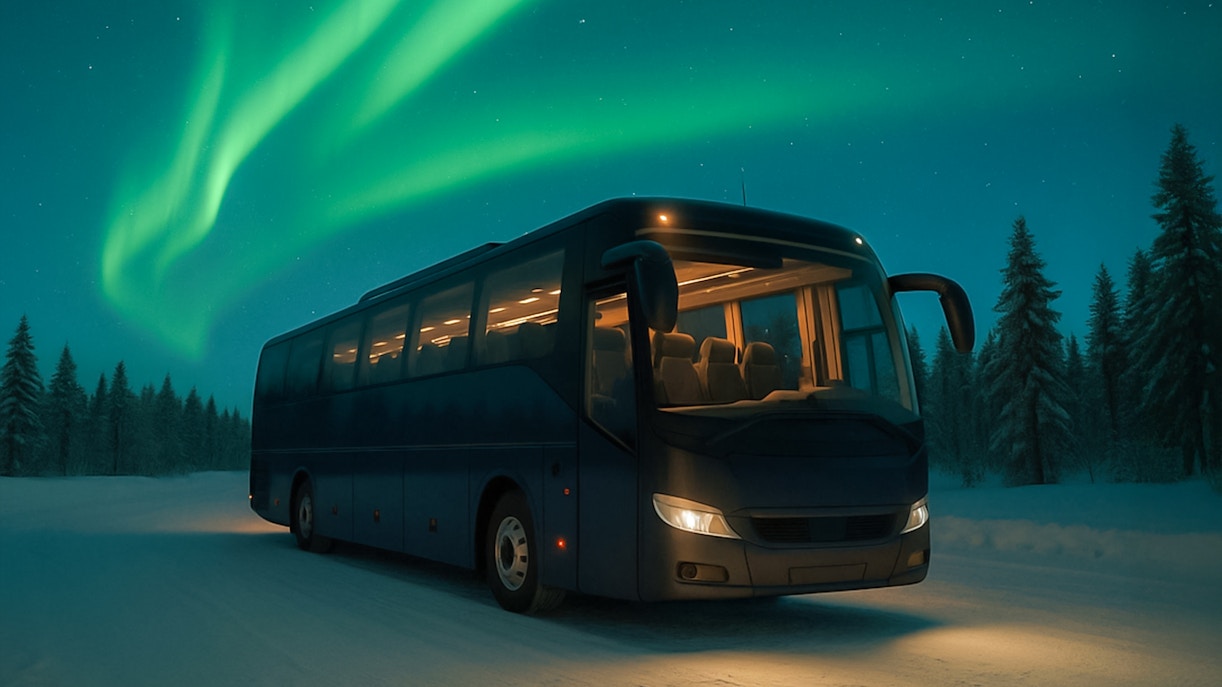 Bus under Northern Lights in Rovaniemi, Finland.