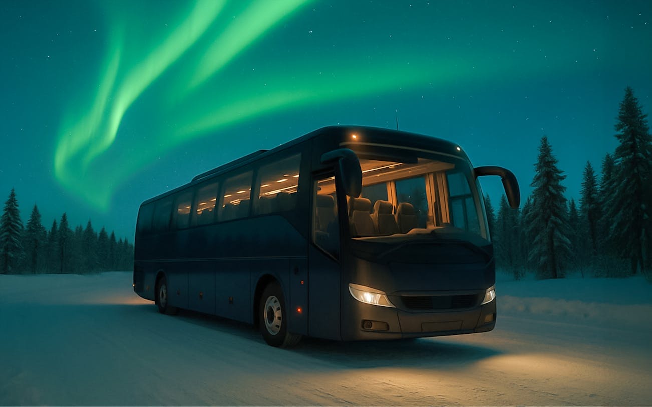 Bus under Northern Lights in Rovaniemi, Finland.