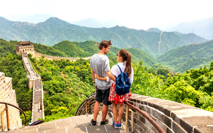 Tourists enjoying the view on the Great Wall of China near Beijing.