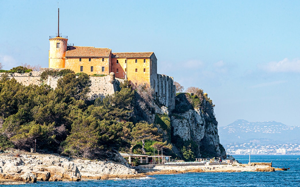 Fort Royal on Sainte-Marguerite Island overlooking the sea with distant mountains.
