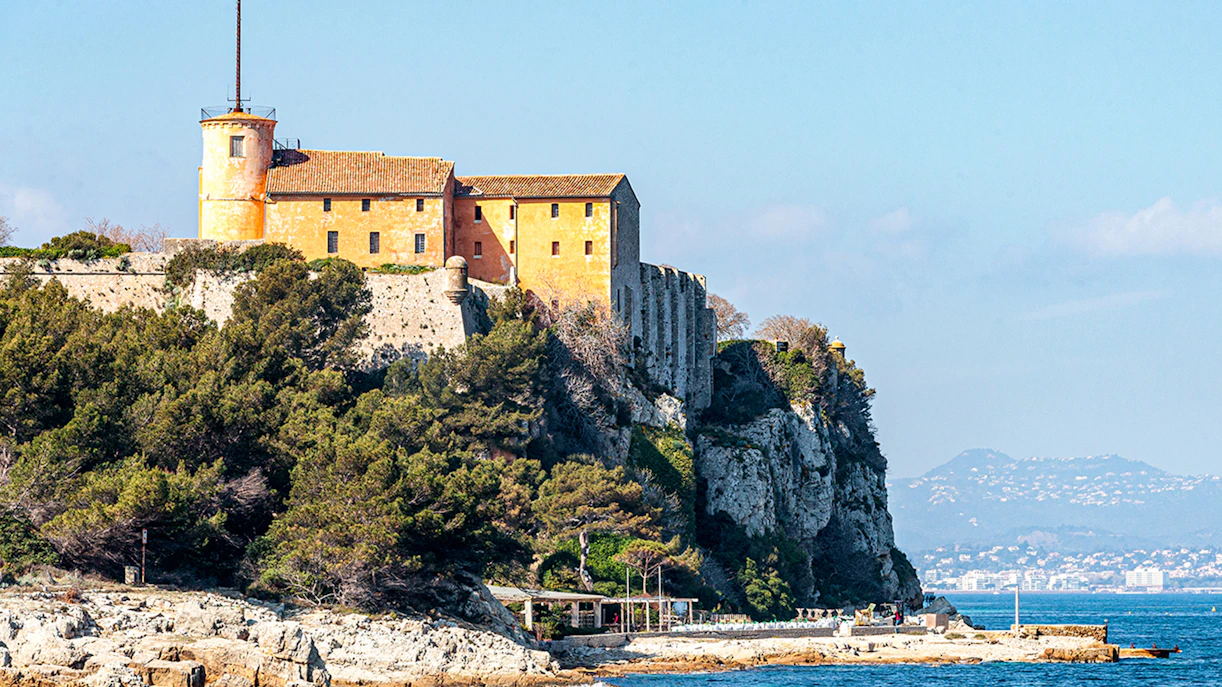 Fort Royal on Sainte-Marguerite Island overlooking the sea with distant mountains.