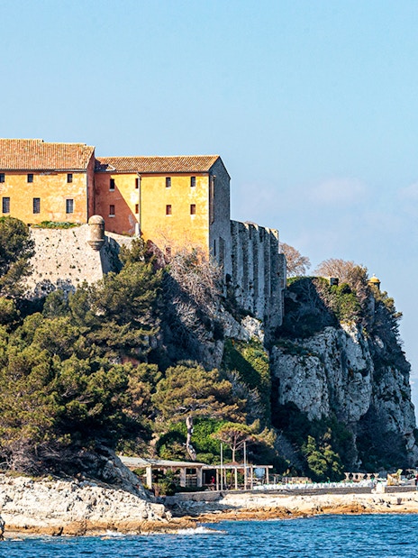 Fort Royal on Sainte-Marguerite Island overlooking the sea with distant mountains.