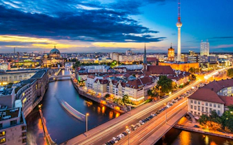 Berlin skyline with TV Tower and Cathedral during sunset on a private walking tour.
