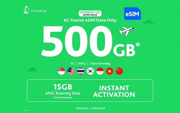 StarHub 500GB 4G eSIM with APAC roaming, Singapore airport and Bugis pick-up.