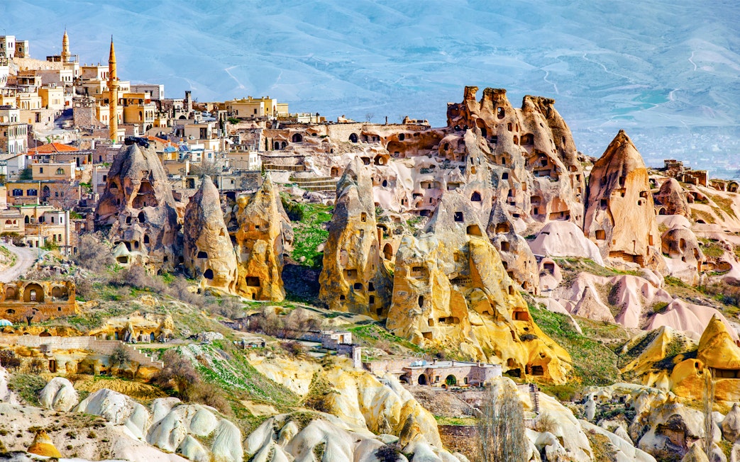 Fairy chimneys and ancient cave dwellings in Cappadocia, Turkey.