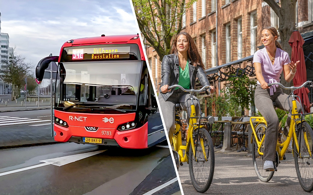 Amsterdam airport transfer bus and cyclists with I Amsterdam City Card.