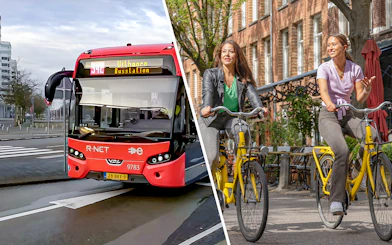Amsterdam airport transfer bus and cyclists with I Amsterdam City Card.