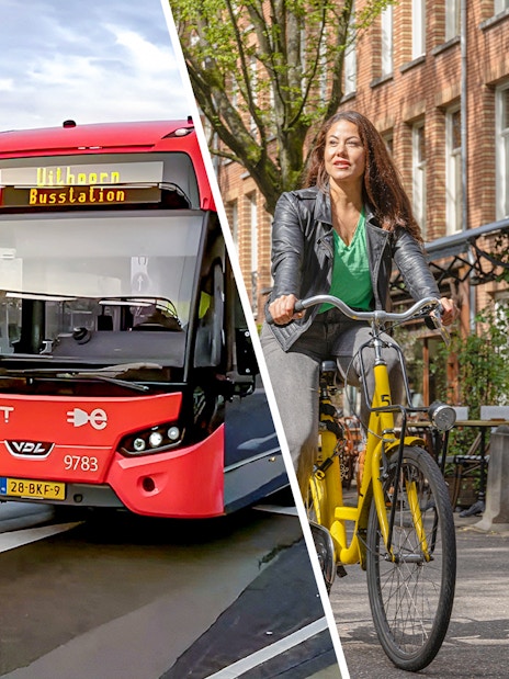 Amsterdam airport transfer bus and cyclists with I Amsterdam City Card.