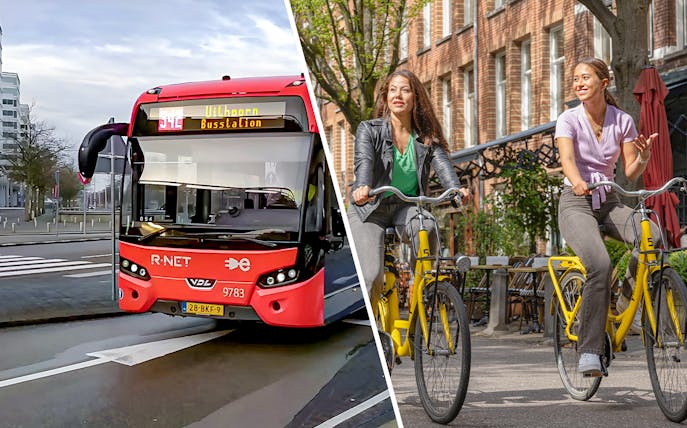Amsterdam airport transfer bus and cyclists with I Amsterdam City Card.
