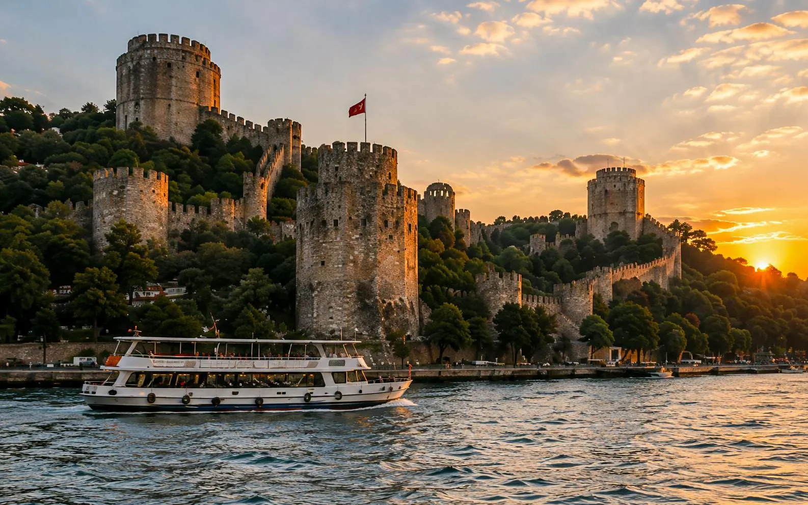 Yacht cruising past Rumeli Fortress at sunset on the Bosphorus, Istanbul.