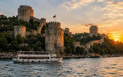 Yacht cruising past Rumeli Fortress at sunset on the Bosphorus, Istanbul.