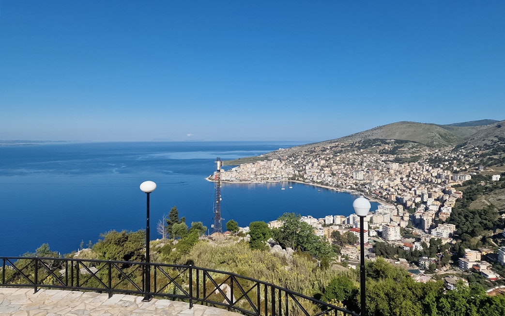 View of Saranda coastline and cityscape from Lekursi Castle, Albania.