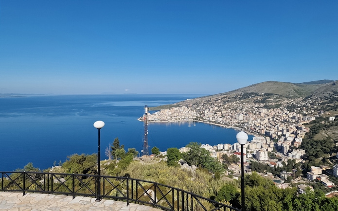 View of Saranda coastline and cityscape from Lekursi Castle, Albania.