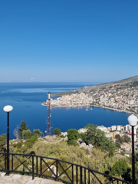 View of Saranda coastline and cityscape from Lekursi Castle, Albania.