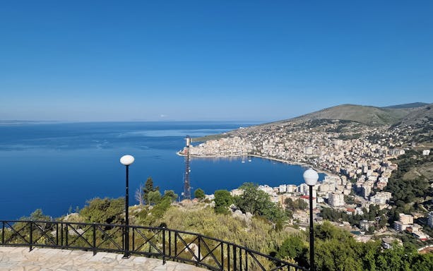 View of Saranda coastline and cityscape from Lekursi Castle, Albania.