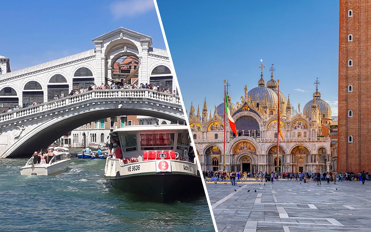 Rialto Bridge with water bus and St. Mark's Basilica in Venice, Italy.