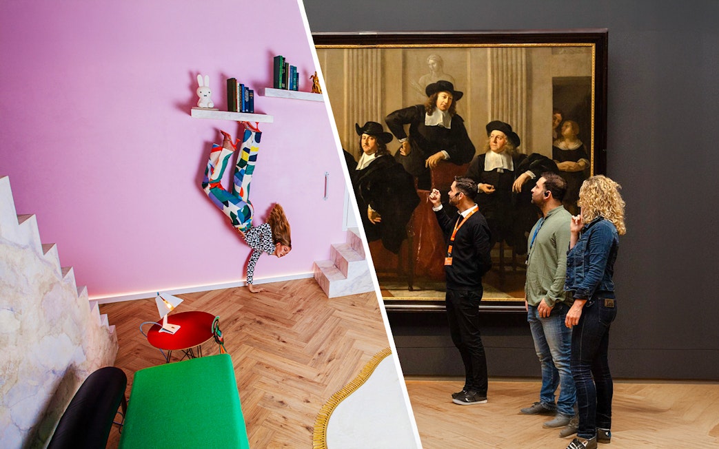 Upside-down room experience and art museum tour with guide.