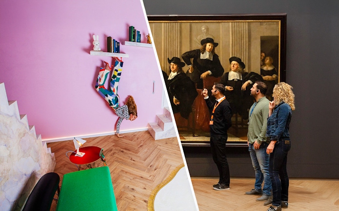 Upside-down room experience and art museum tour with guide.