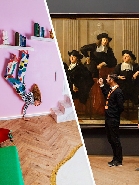 Upside-down room experience and art museum tour with guide.