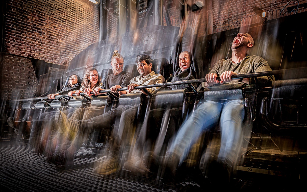Visitors experiencing the Drop Dead Ride at London Dungeon.