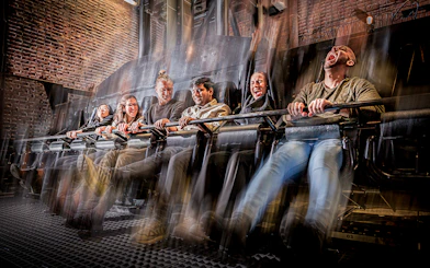 Visitors experiencing the Drop Dead Ride at London Dungeon.