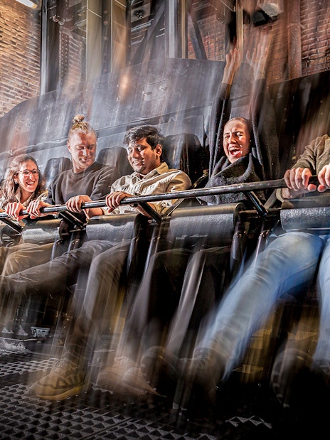 Visitors experiencing the Drop Dead Ride at London Dungeon.