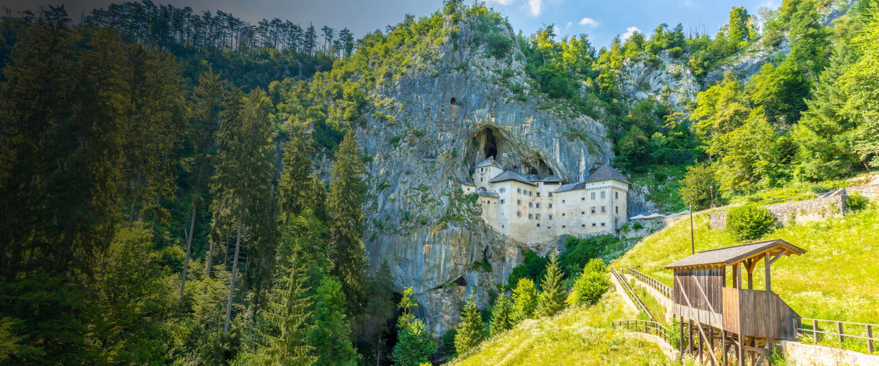 Predjama Castle nestled in a cliffside in Postojna, Slovenia, surrounded by lush forest.