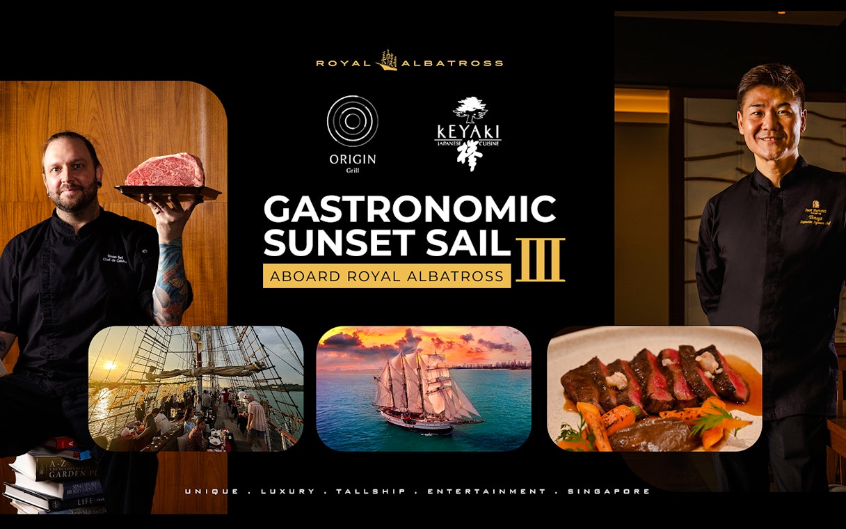Gastronomic sunset sail on The Royal Albatross with chefs and gourmet dining, Singapore.
