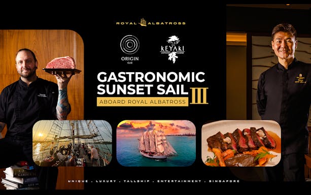 Gastronomic sunset sail on The Royal Albatross with chefs and gourmet dining, Singapore.