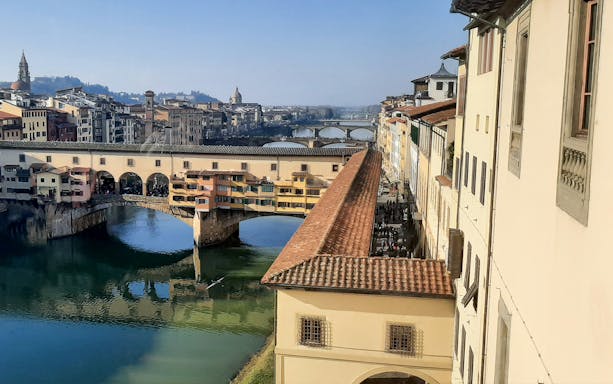 Ponte Vecchio over Arno River in Florence, view from Uffizi Gallery.