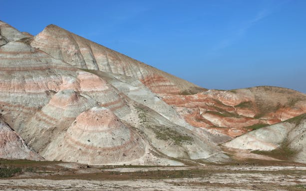 Candy Cane Mountains with striped formations in Khizi district, Azerbaijan.